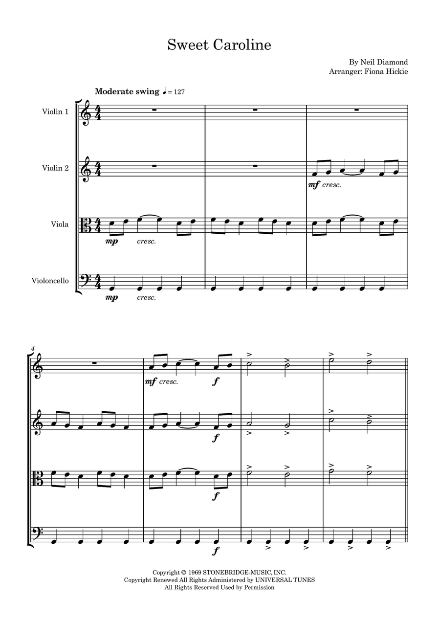 Sweet Caroline Sweet Caroline String Quartet scores gallery preview page 2