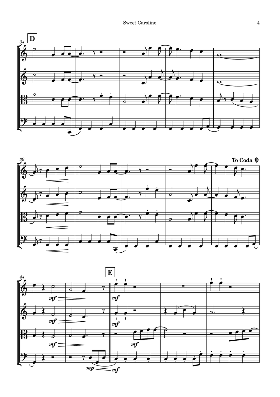 Sweet Caroline Sweet Caroline String Quartet scores gallery preview page 5