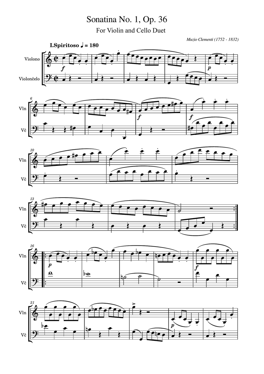 Clementi - Sonatina in C Major, Op.36 No.1 (For Violin and Cello Duet) Score and Parts String Duet scores gallery preview page 1