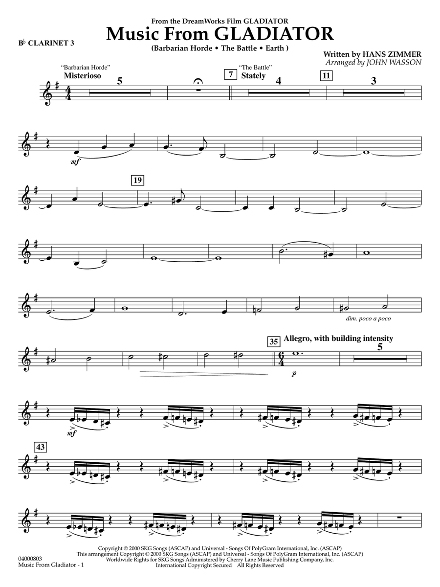 Music from Gladiator (arr. John Wasson) - Bb Clarinet 3 Concert Band scores gallery preview page 1