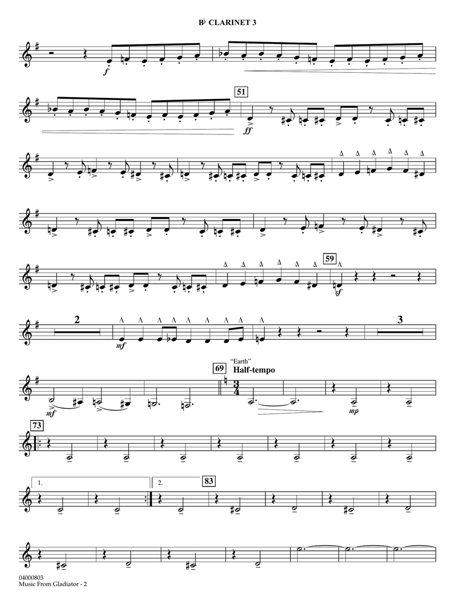 Music from Gladiator (arr. John Wasson) - Bb Clarinet 3 Concert Band scores gallery preview page 2