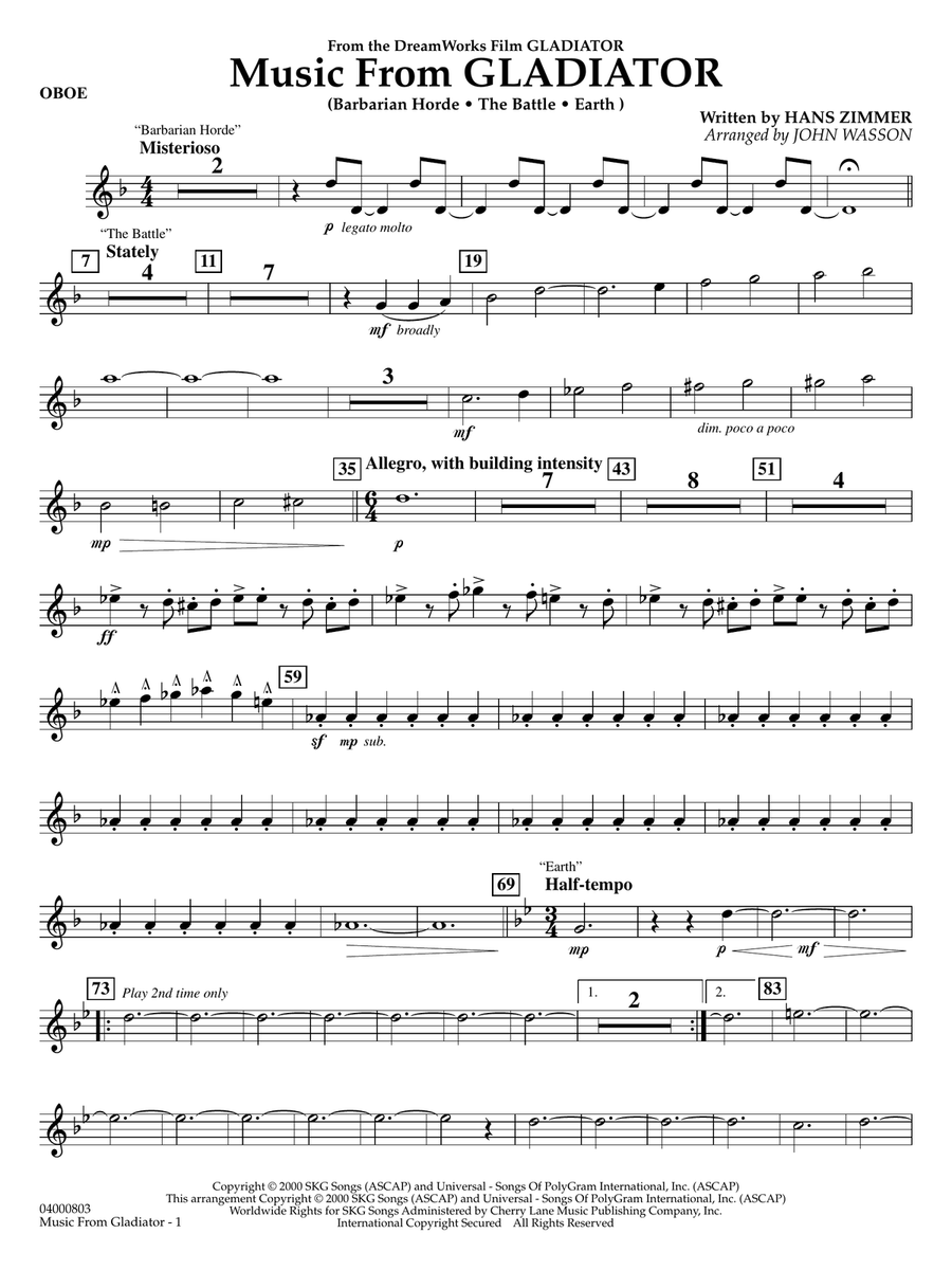 Music from Gladiator (arr. John Wasson) - Oboe Concert Band scores gallery preview page 1