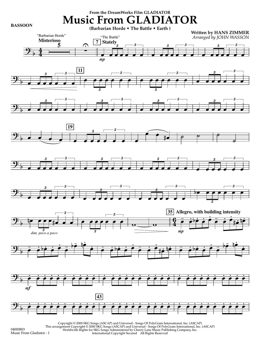 Music from Gladiator (arr. John Wasson) - Bassoon Concert Band scores gallery preview page 1