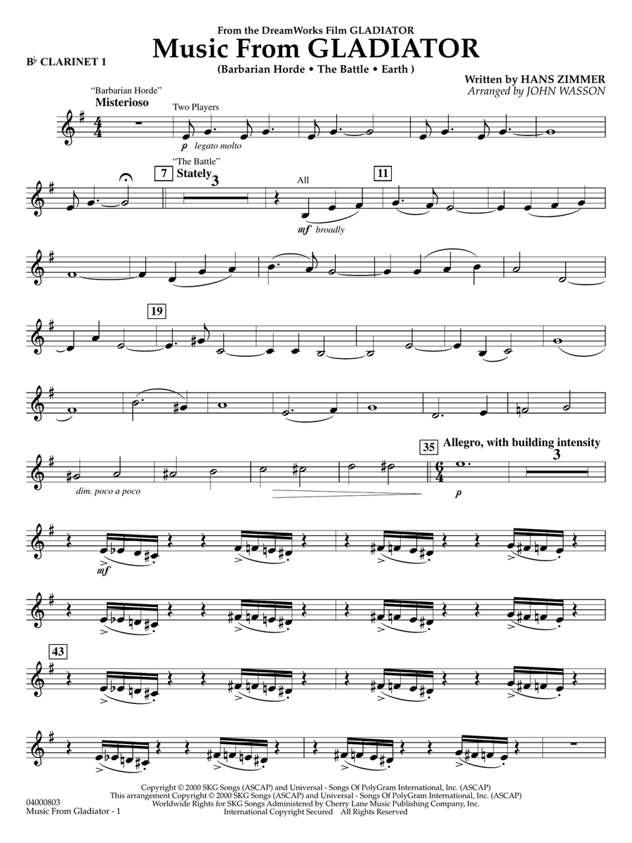 Music from Gladiator (arr. John Wasson) - Bb Clarinet 1 Concert Band scores gallery preview page 1