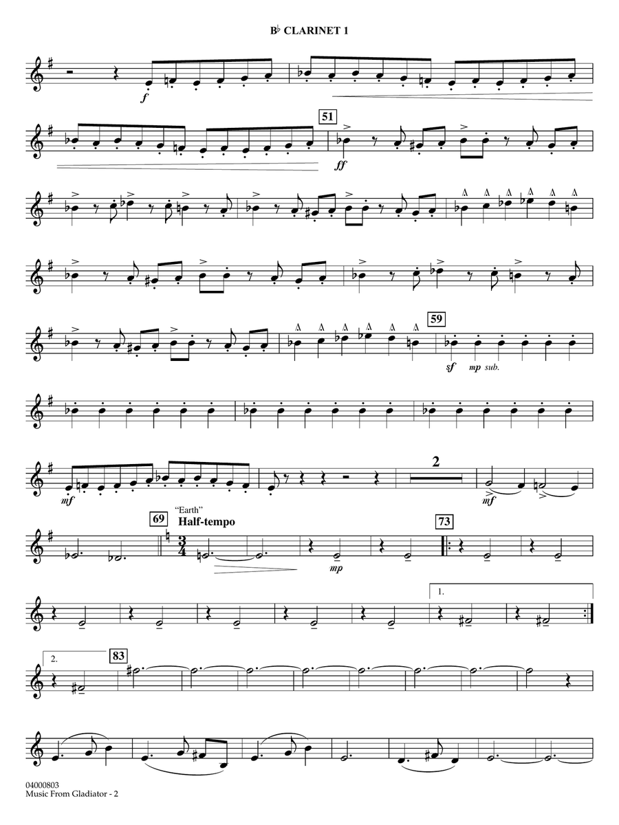 Music from Gladiator (arr. John Wasson) - Bb Clarinet 1 Concert Band scores gallery preview page 2