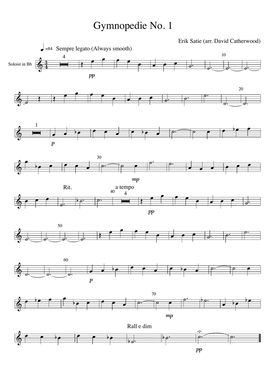 Gymnopedie No. 1 arranged for Bb Trumpet solo (or Cornet/Euphonium/Trombone in Bb) with Piano acc. Cornet scores gallery preview page 1