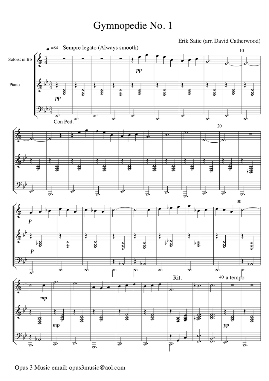 Gymnopedie No. 1 arranged for Bb Trumpet solo (or Cornet/Euphonium/Trombone in Bb) with Piano acc. Cornet scores gallery preview page 2