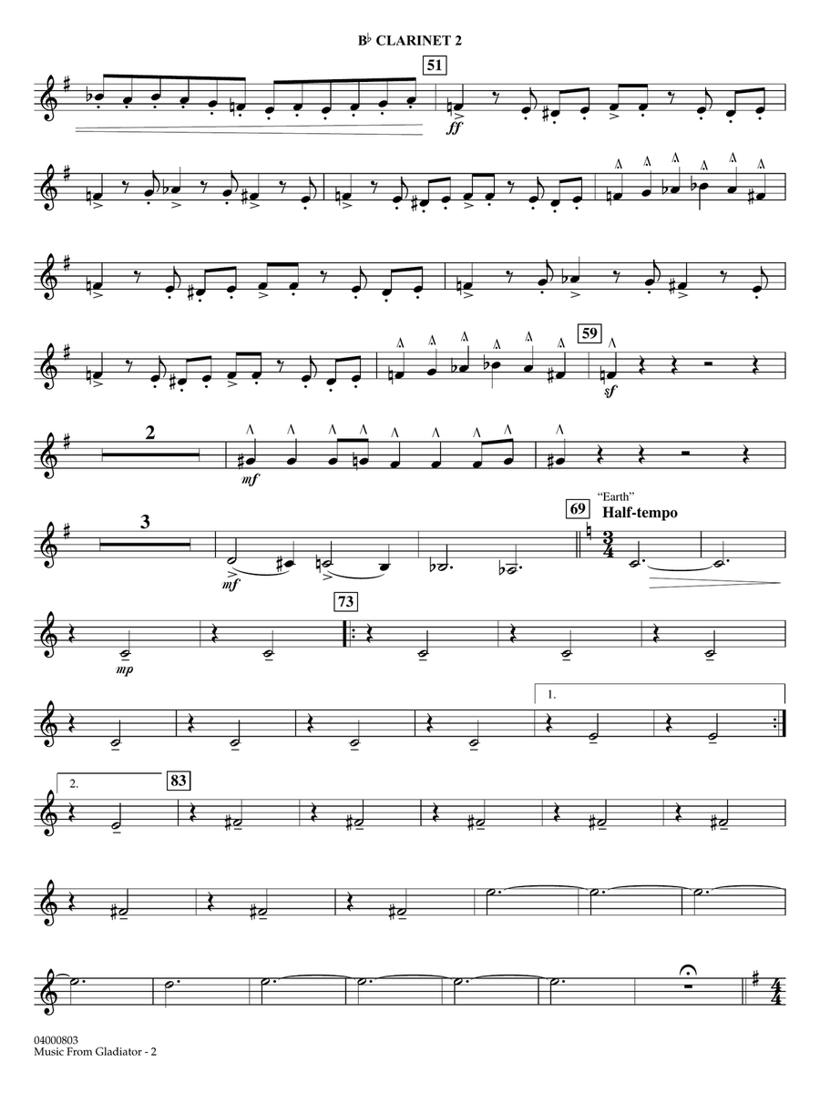 Music from Gladiator (arr. John Wasson) - Bb Clarinet 2 Concert Band scores gallery preview page 2