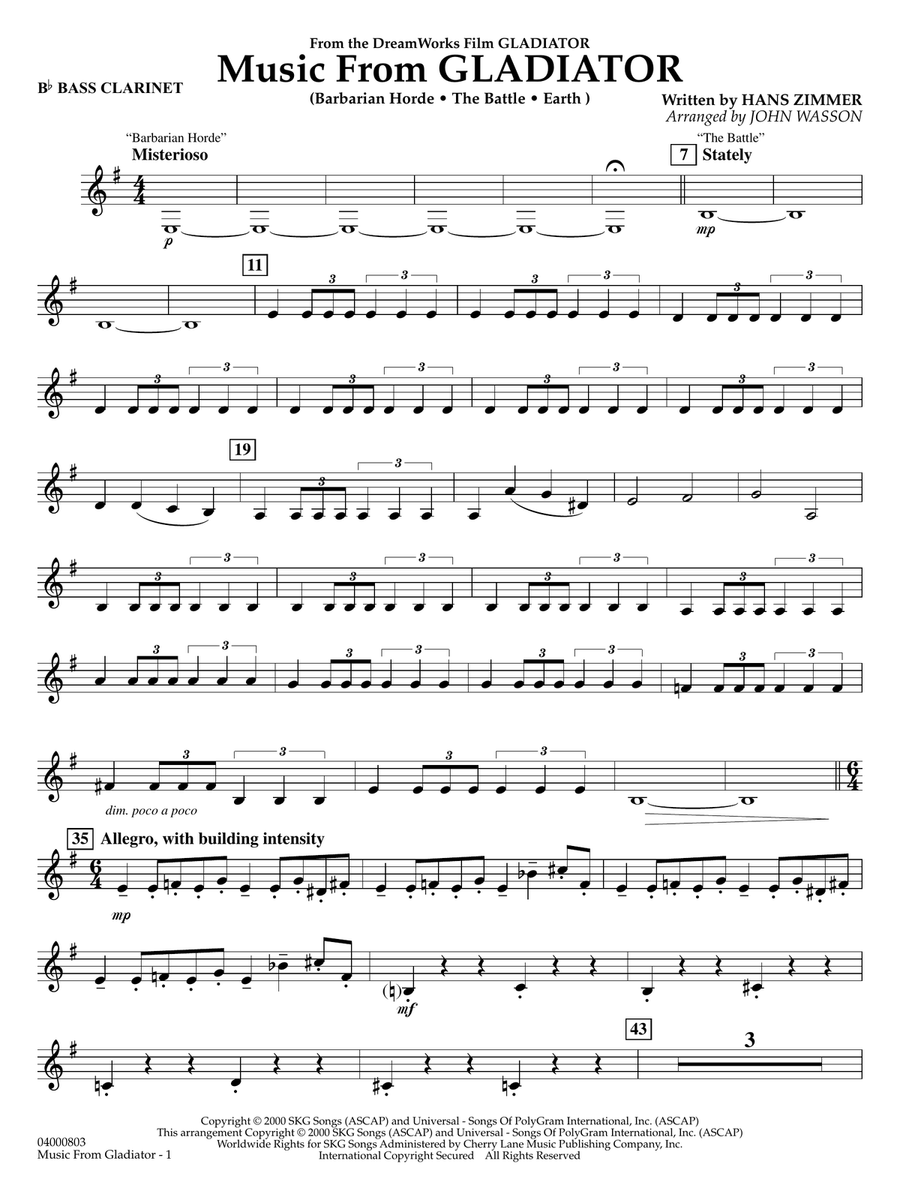 Music from Gladiator (arr. John Wasson) - Bb Bass Clarinet Concert Band scores gallery preview page 1