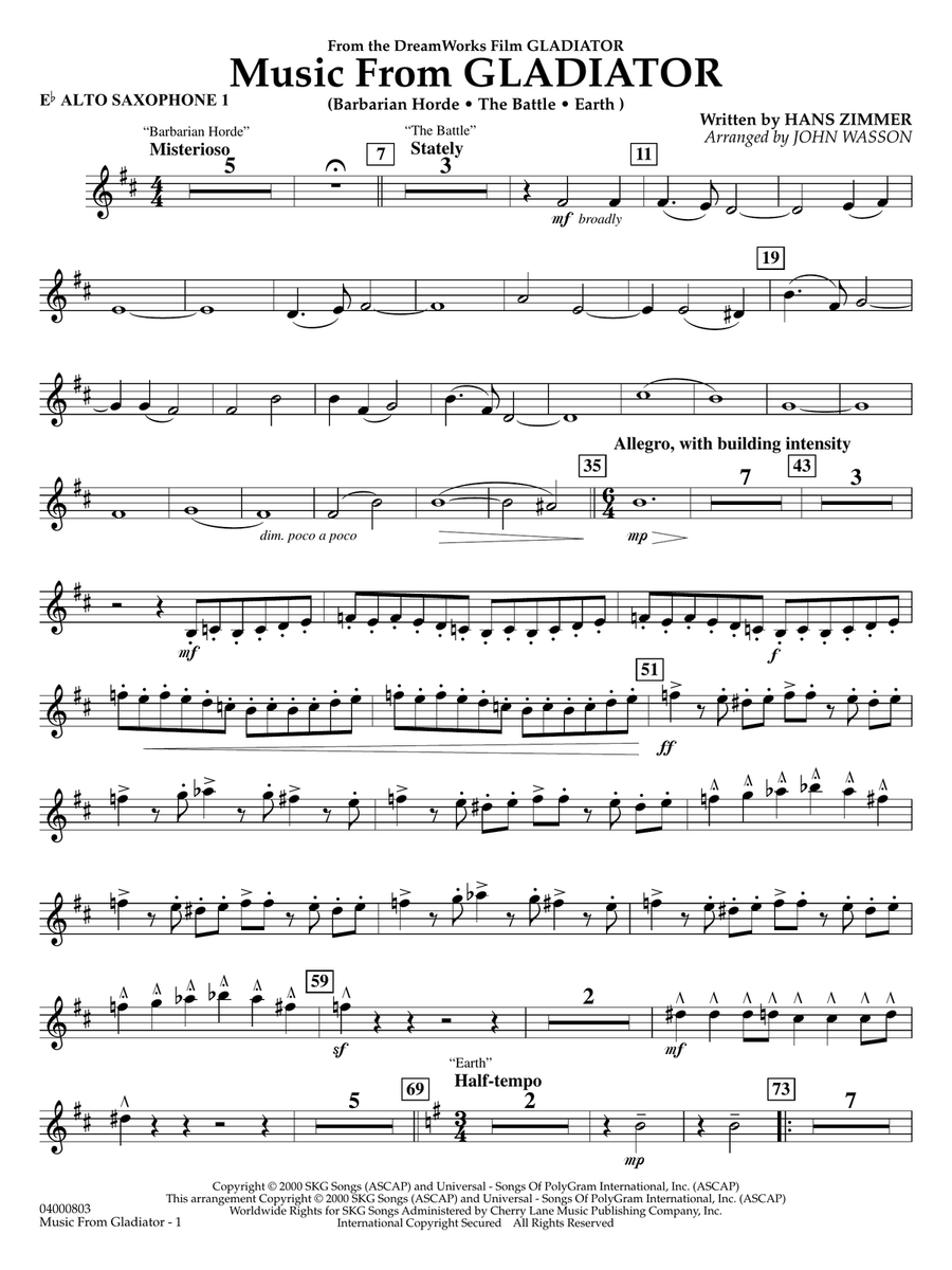 Music from Gladiator (arr. John Wasson) - Eb Alto Saxophone 1 Concert Band scores gallery preview page 1