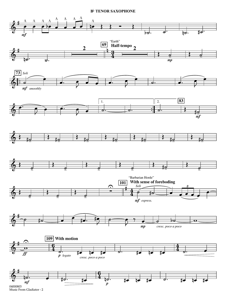 Music from Gladiator (arr. John Wasson) - Bb Tenor Saxophone Concert Band scores gallery preview page 2