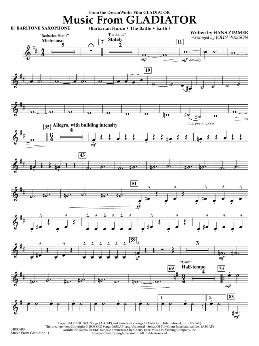Music from Gladiator (arr. John Wasson) - Eb Baritone Saxophone Concert Band scores gallery preview page 1