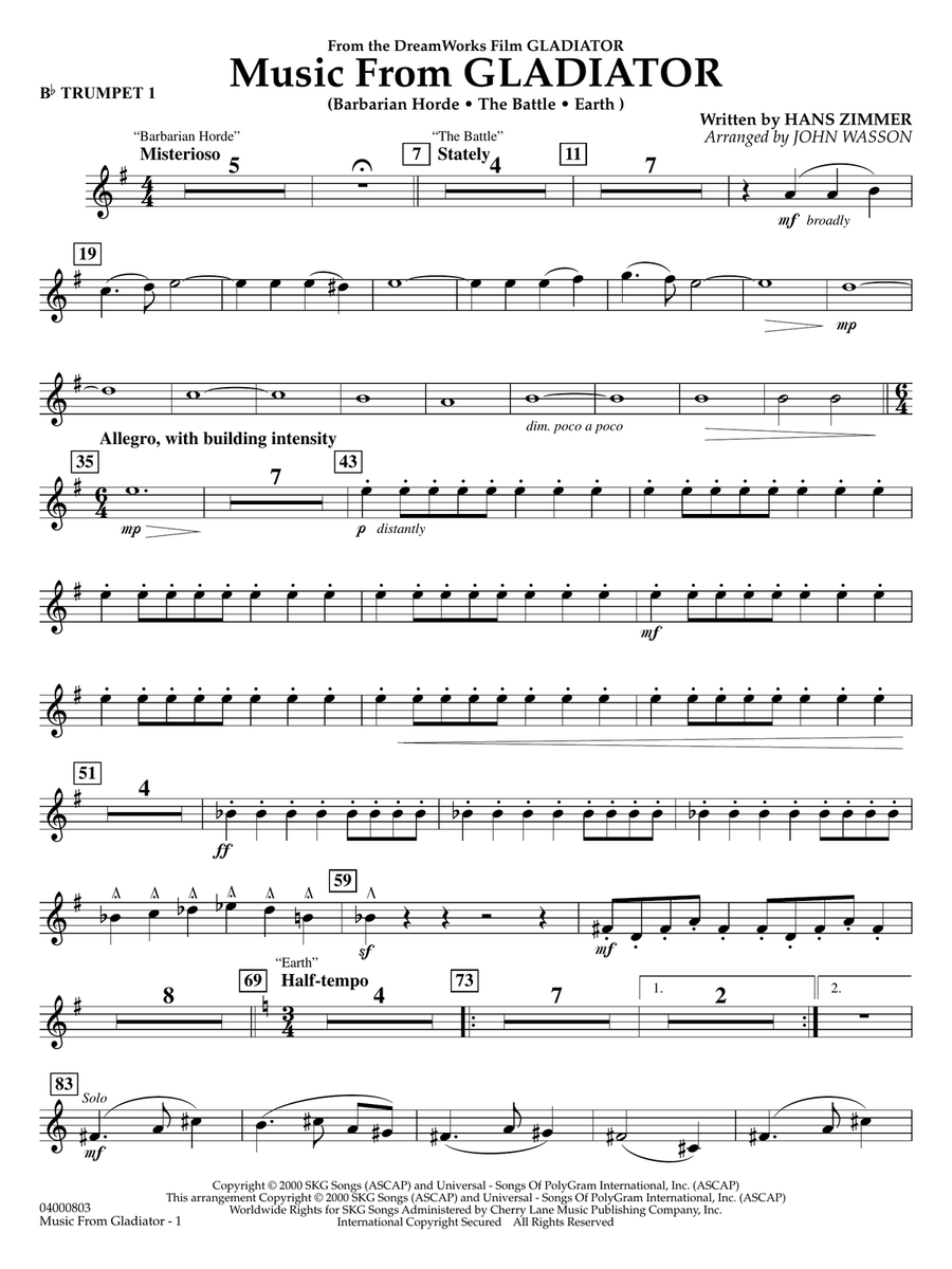 Music from Gladiator (arr. John Wasson) - Bb Trumpet 1 Concert Band scores gallery preview page 1
