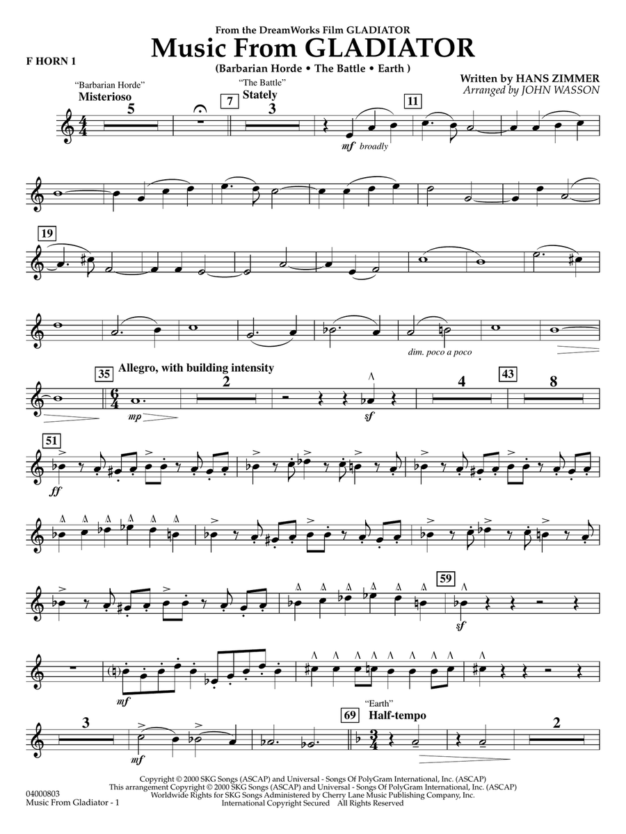 Music from Gladiator (arr. John Wasson) - F Horn 1 Concert Band scores gallery preview page 1