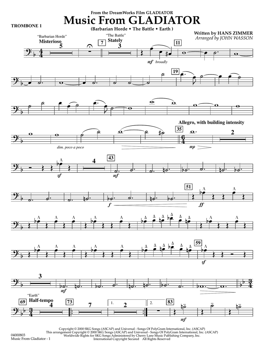 Music from Gladiator (arr. John Wasson) - Trombone 1 Concert Band scores gallery preview page 1