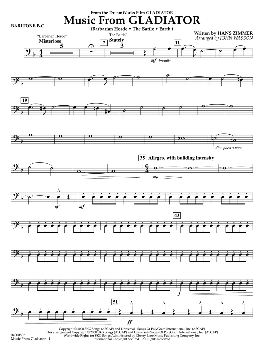 Music from Gladiator (arr. John Wasson) - Baritone B.C. Concert Band scores gallery preview page 1
