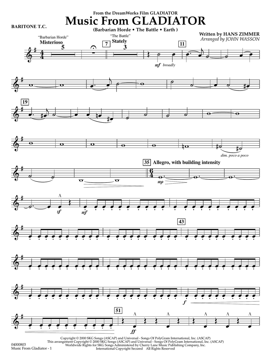 Music from Gladiator (arr. John Wasson) - Baritone T.C. Concert Band scores gallery preview page 1