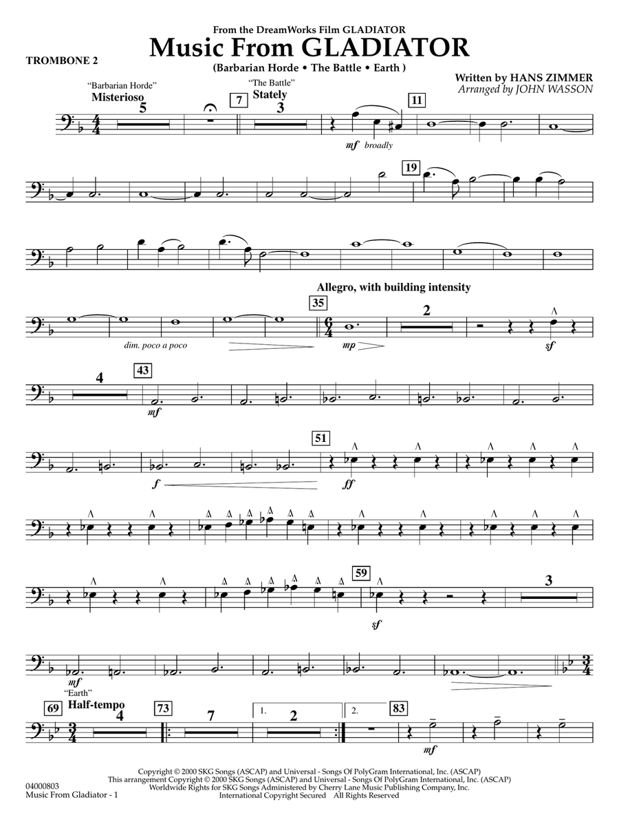 Music from Gladiator (arr. John Wasson) - Trombone 2 Concert Band scores gallery preview page 1