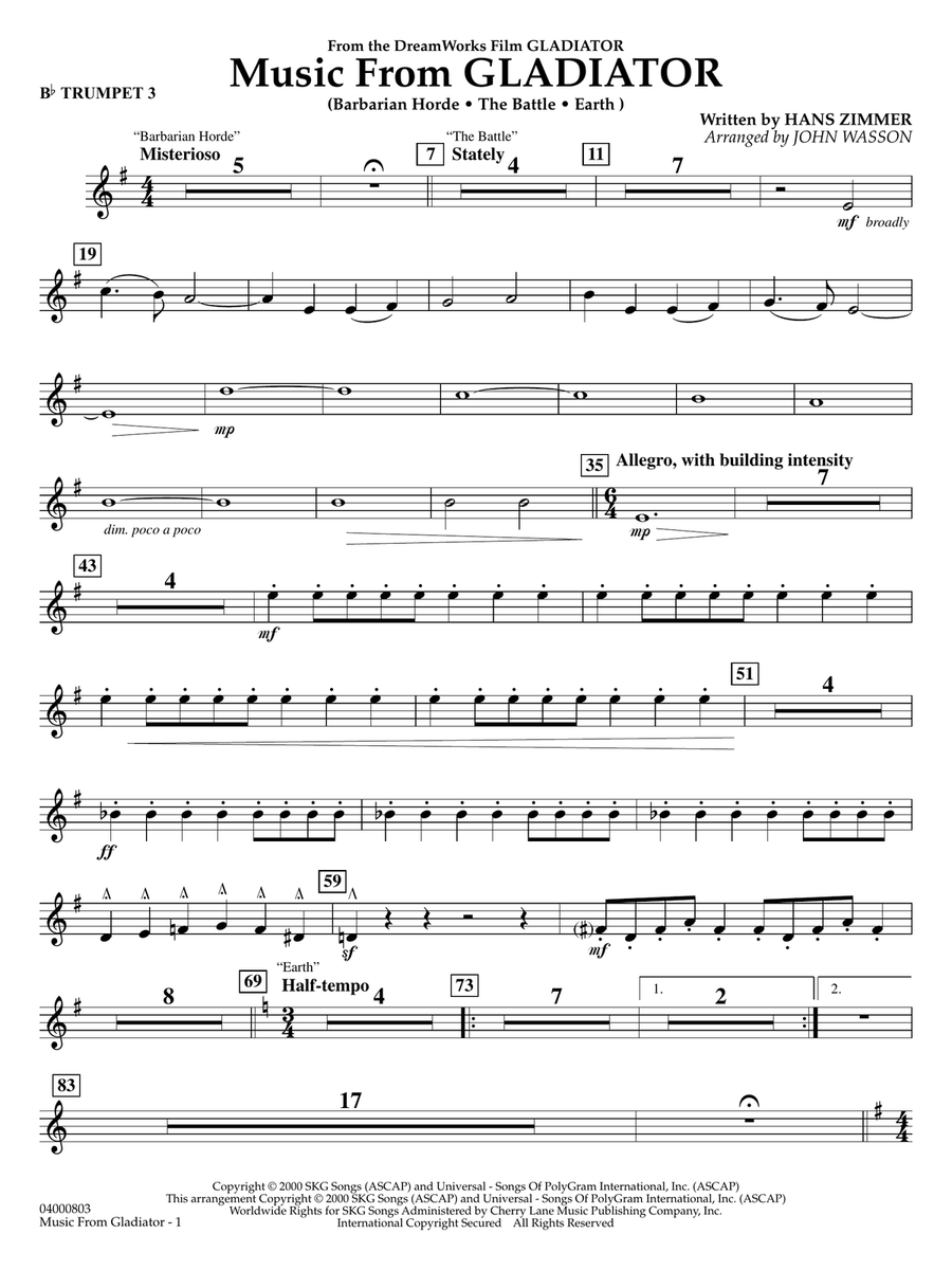 Music from Gladiator (arr. John Wasson) - Bb Trumpet 3 Concert Band scores gallery preview page 1