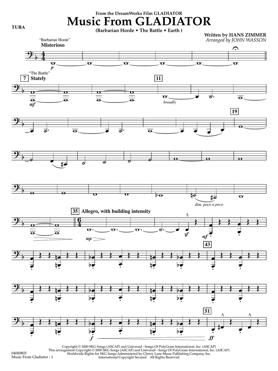 Music from Gladiator (arr. John Wasson) - Tuba Concert Band scores gallery preview page 1