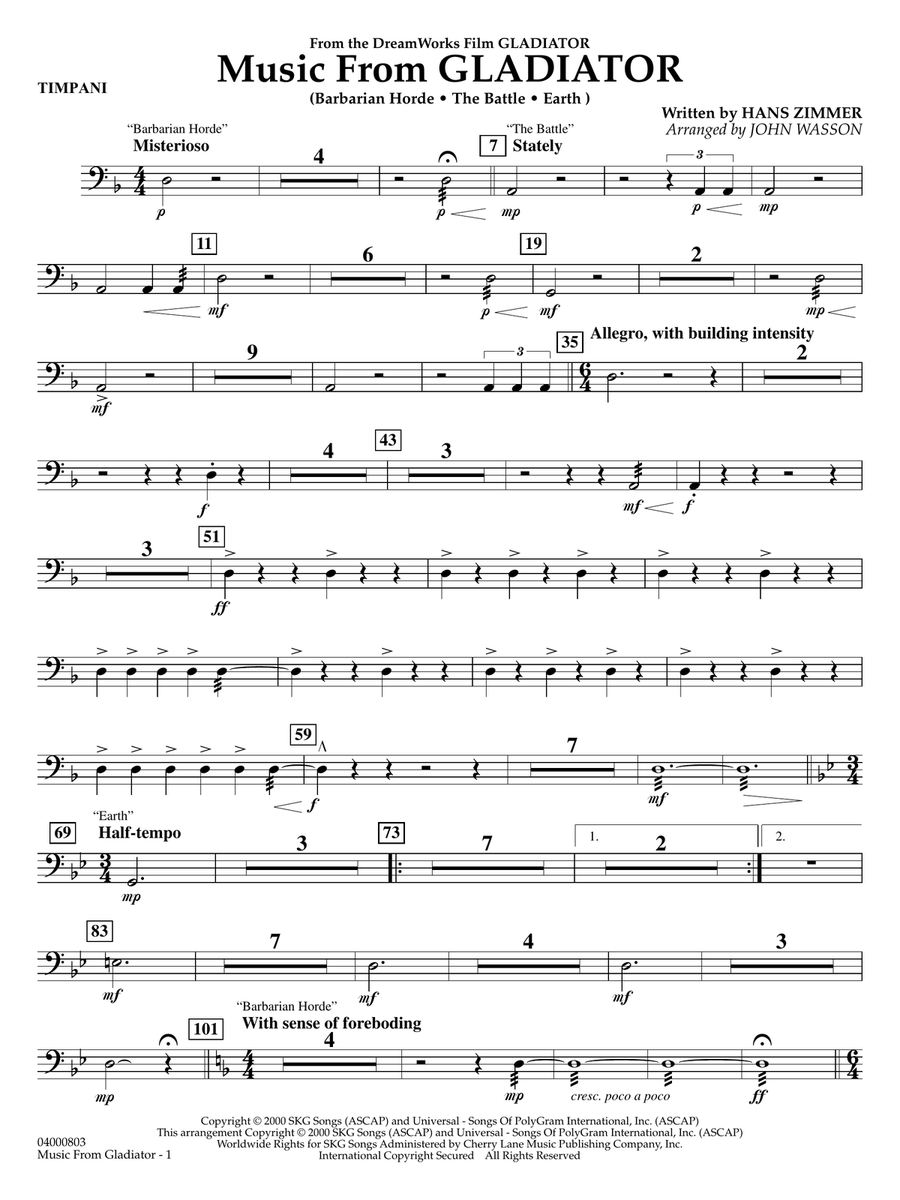 Music from Gladiator (arr. John Wasson) - Timpani Concert Band scores gallery preview page 1