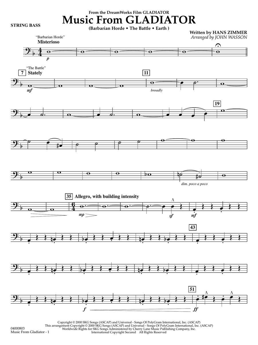 Music from Gladiator (arr. John Wasson) - String Bass Concert Band scores gallery preview page 1