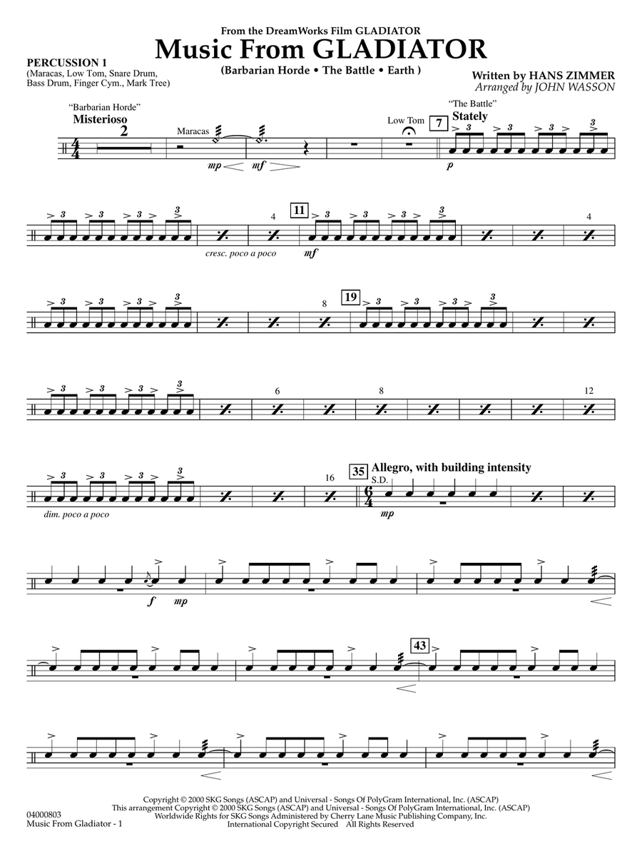 Music from Gladiator (arr. John Wasson) - Percussion 1 Concert Band scores gallery preview page 1