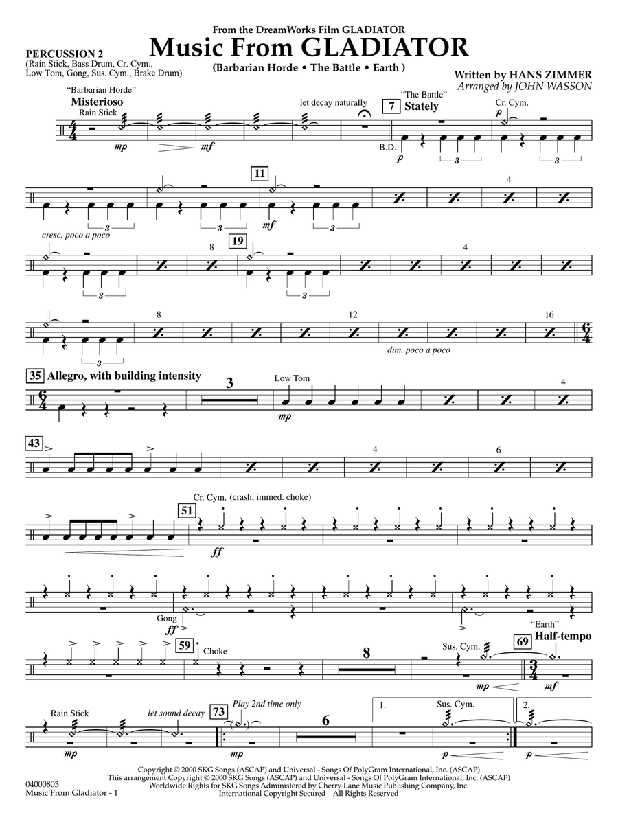 Music from Gladiator (arr. John Wasson) - Percussion 2 Concert Band scores gallery preview page 1