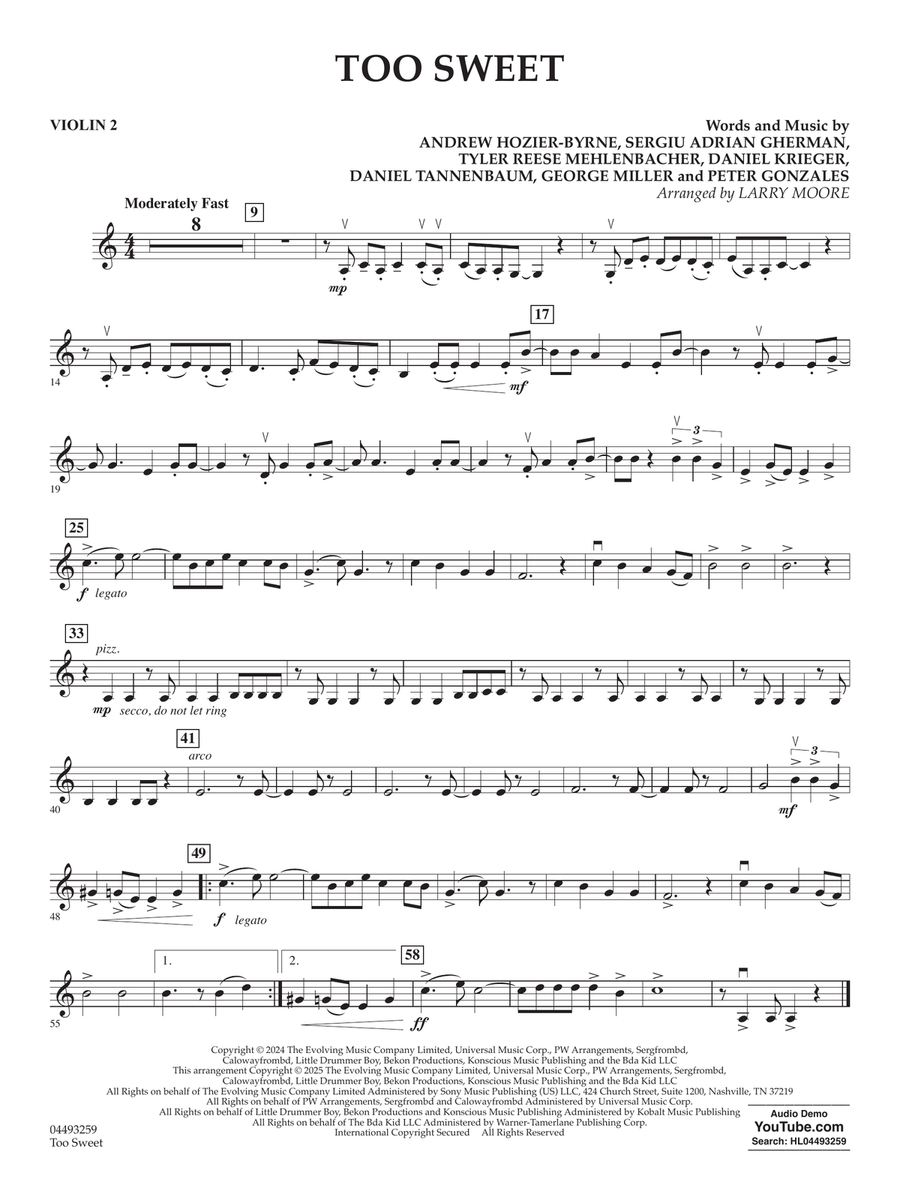 Too Sweet (arr. Larry Moore) - Violin 2 String Orchestra scores gallery preview page 1