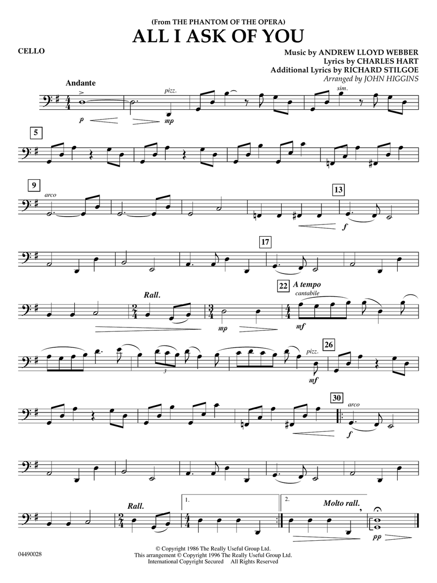 All I Ask of You (from The Phantom of the Opera) (arr. John Higgins) - Cello String Quartet scores gallery preview page 1