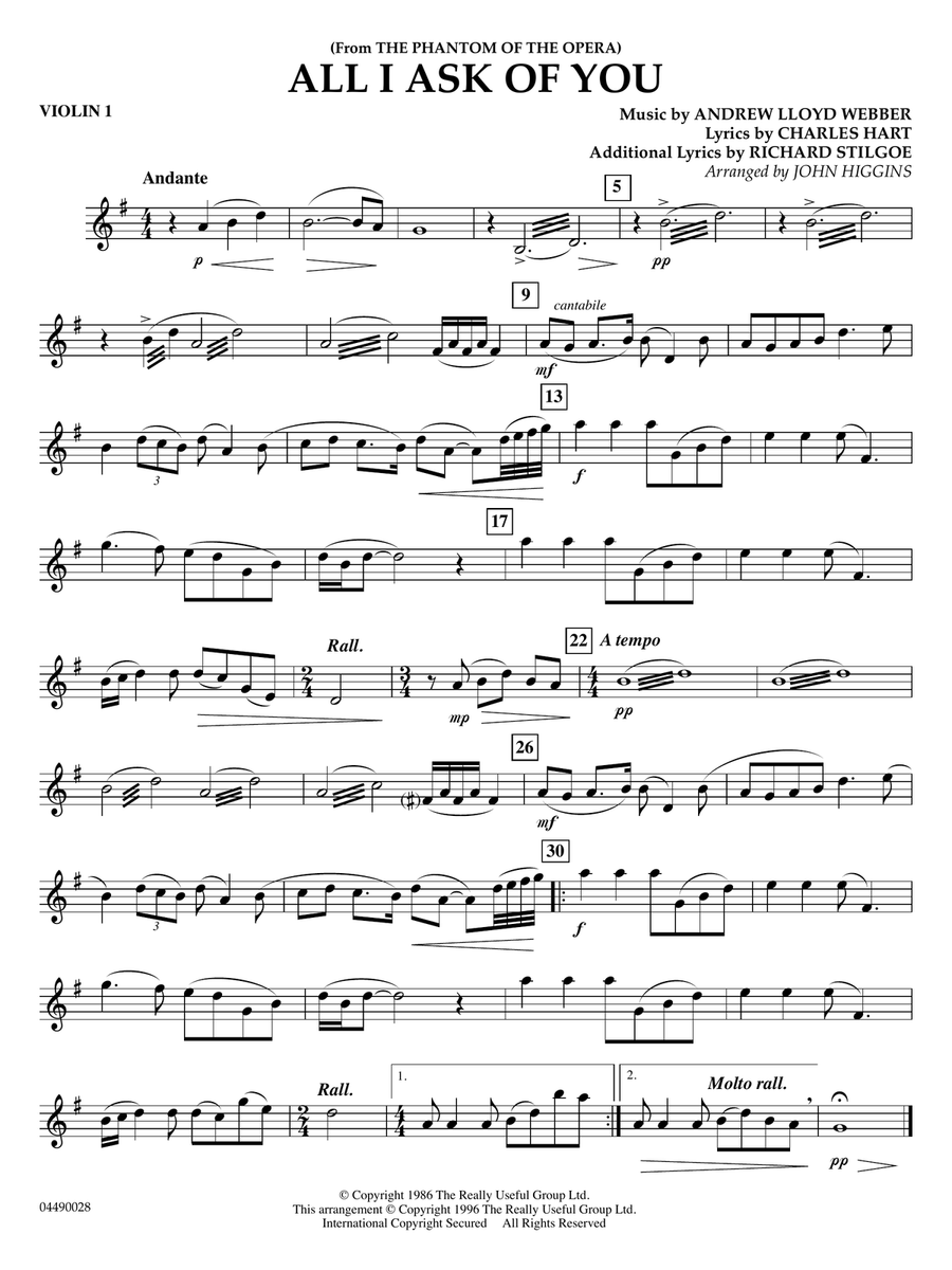 All I Ask of You (from The Phantom of the Opera) (arr. John Higgins) - Violin 1 String Quartet scores gallery preview page 1