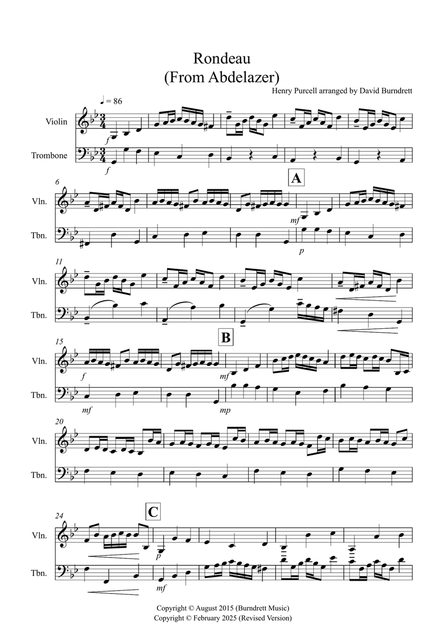 Rondeau (from Abdelazer) for Violin and Trombone Duet Trombone scores gallery preview page 1
