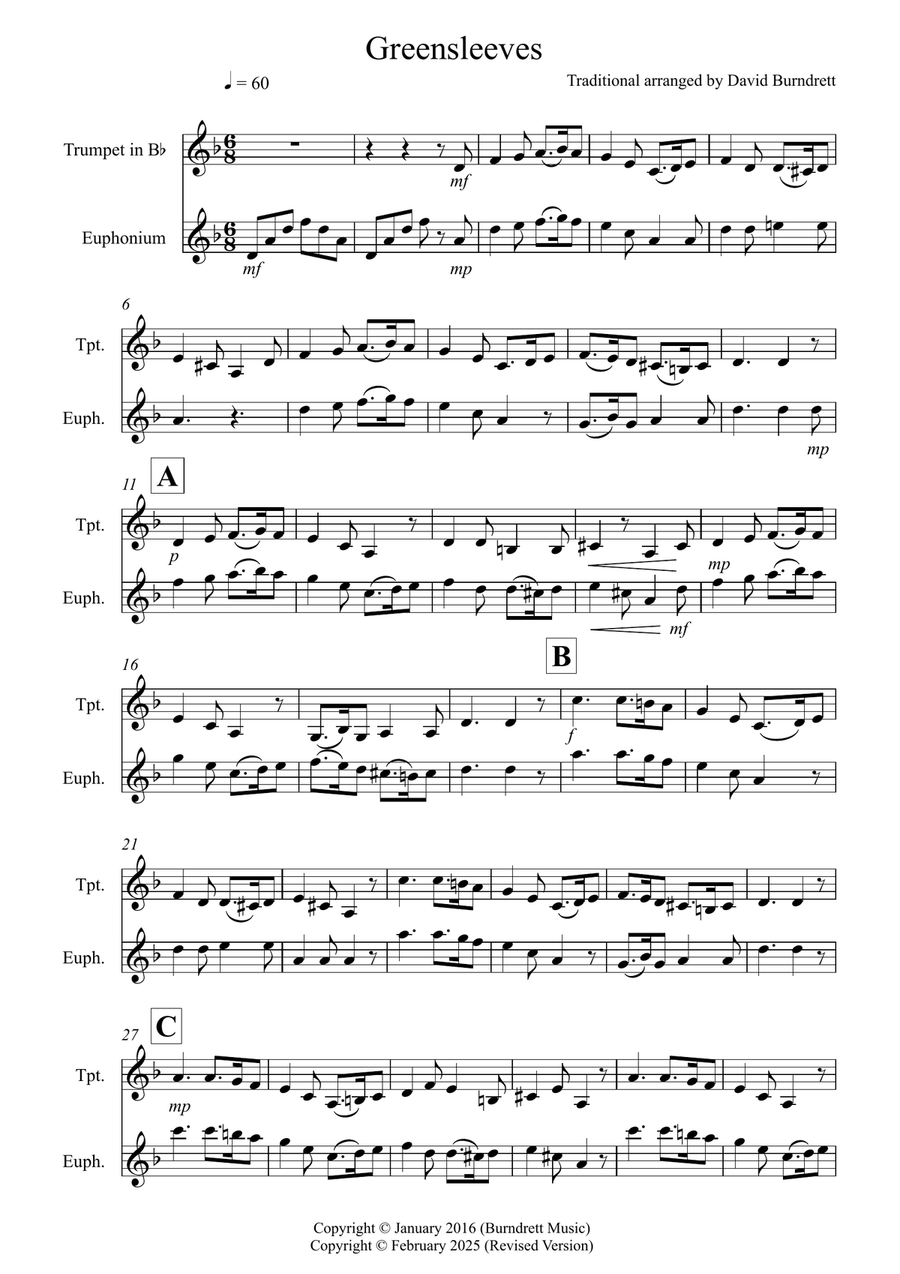 Greensleeves for Trumpet and Euphonium Duet Brass Duet scores gallery preview page 1