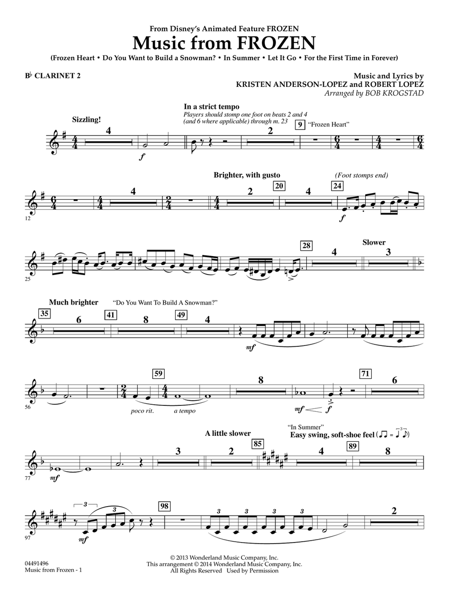 Music from Frozen (arr. Bob Krogstad) - Bb Clarinet 2 Full Orchestra scores gallery preview page 1