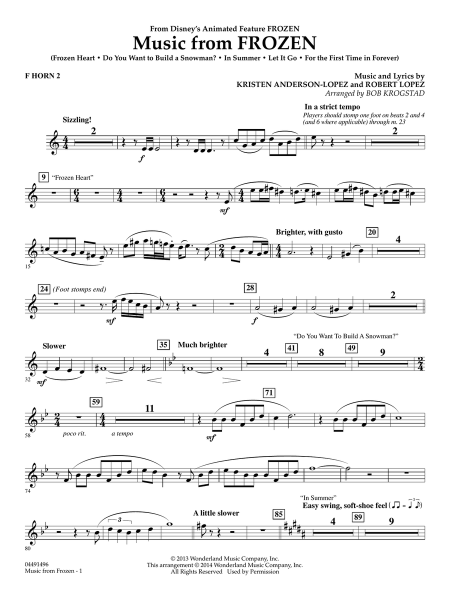 Music from Frozen (arr. Bob Krogstad) - F Horn 2 Full Orchestra scores gallery preview page 1
