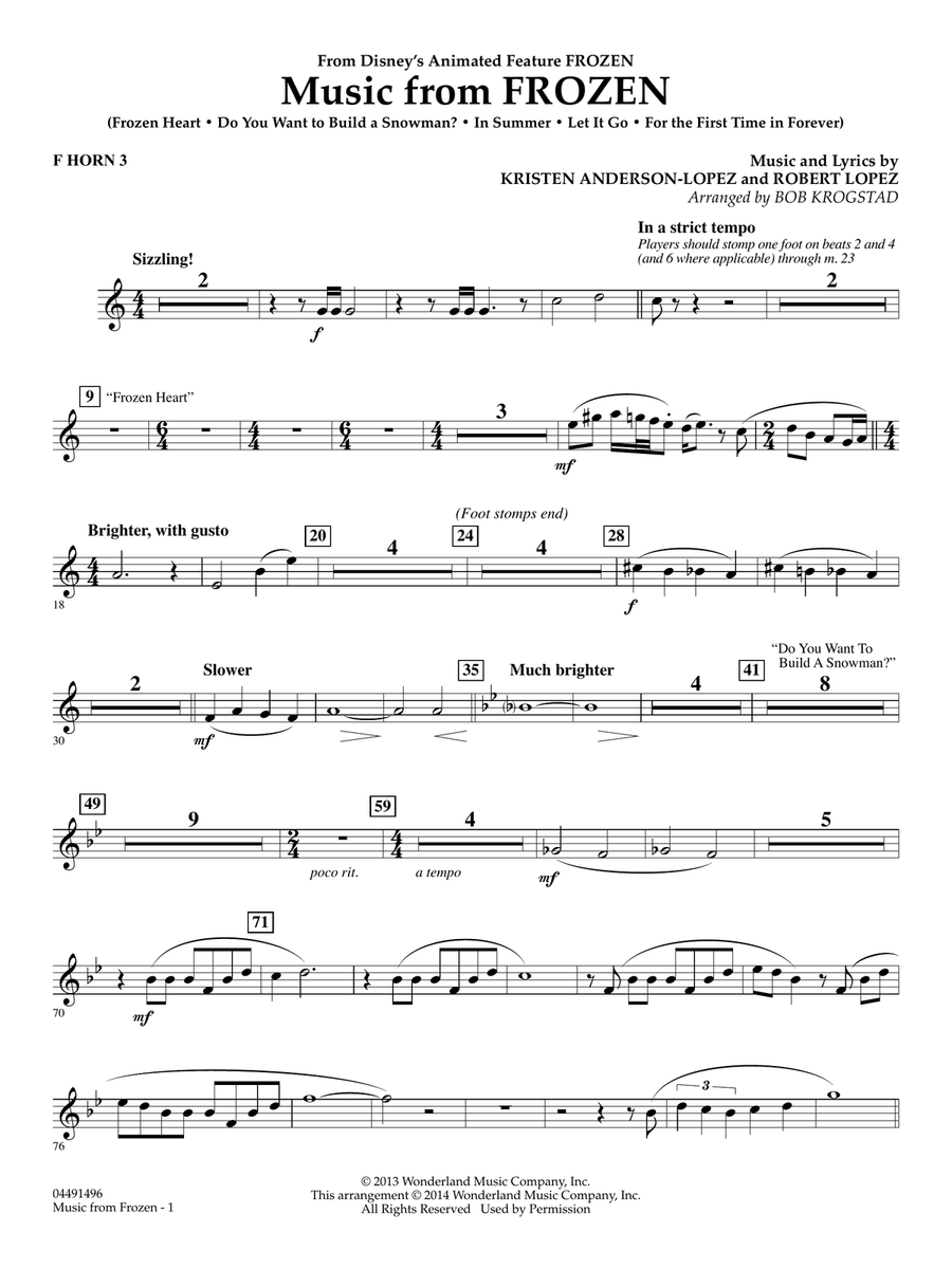 Music from Frozen (arr. Bob Krogstad) - F Horn 3 Full Orchestra scores gallery preview page 1