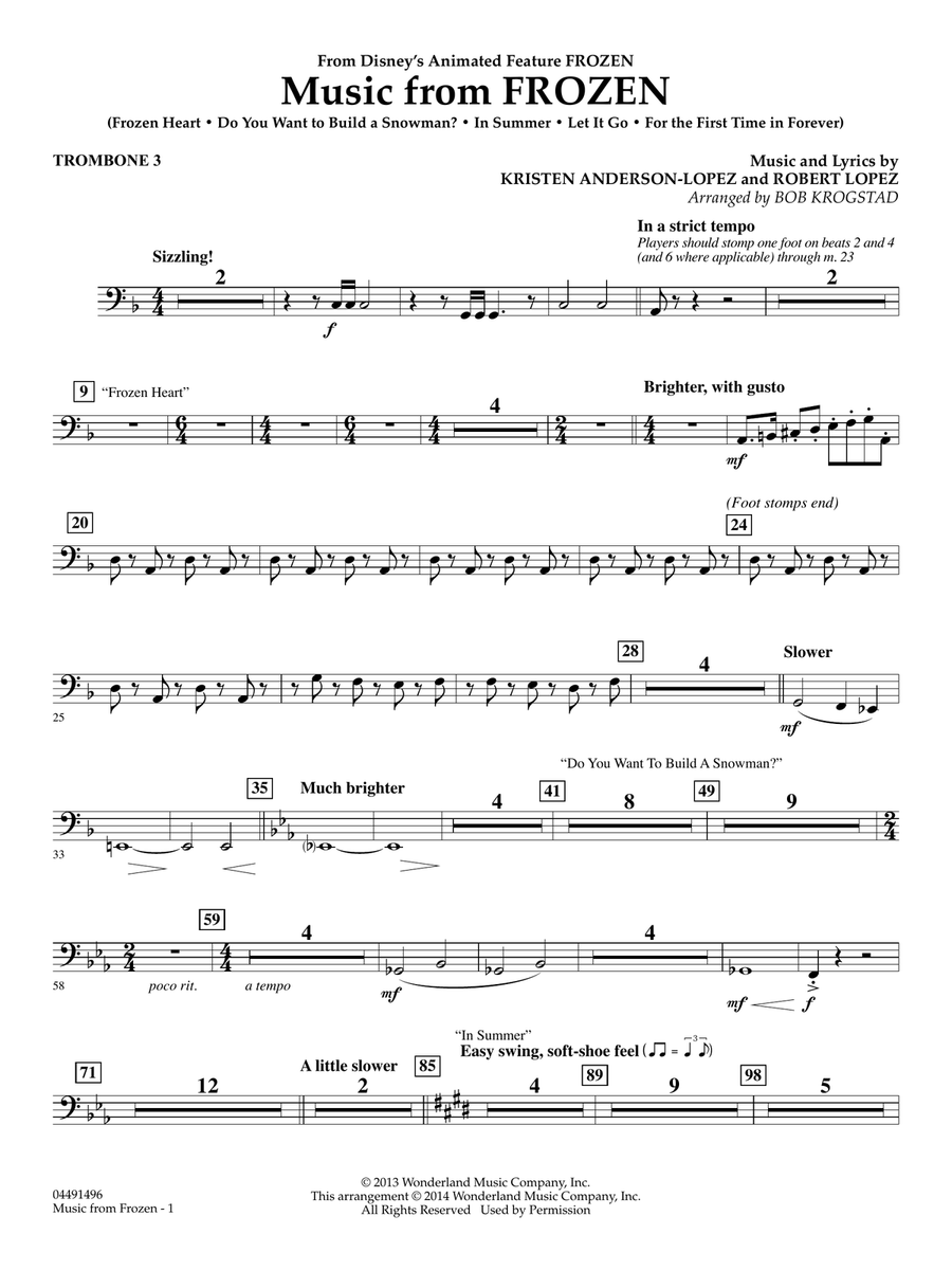 Music from Frozen (arr. Bob Krogstad) - Trombone 3 Full Orchestra scores gallery preview page 1
