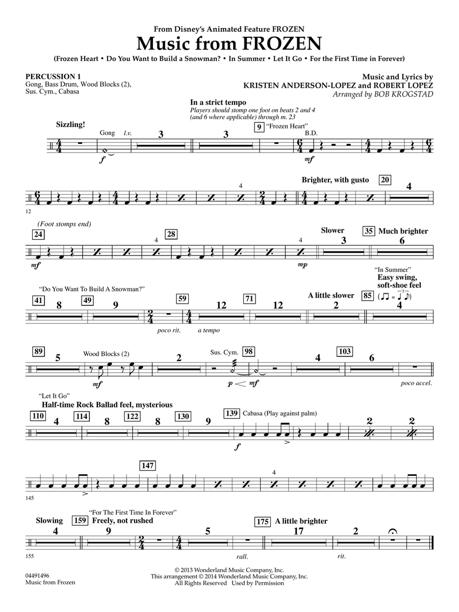 Music from Frozen (arr. Bob Krogstad) - Percussion 1 Full Orchestra scores gallery preview page 1