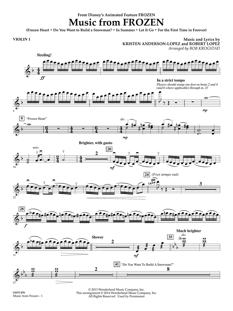Music from Frozen (arr. Bob Krogstad) - Violin 1 Full Orchestra scores gallery preview page 1