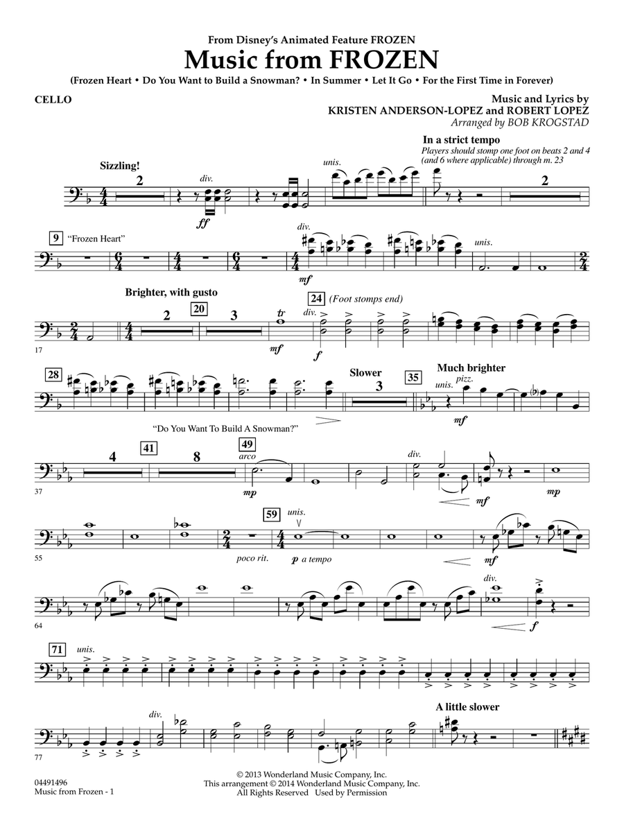 Music from Frozen (arr. Bob Krogstad) - Cello Full Orchestra scores gallery preview page 1