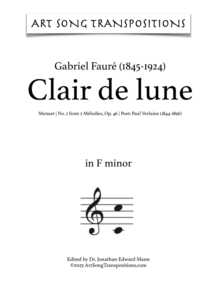 FAURÉ: Clair de lune, Op. 46 no. 2 (transposed to F minor) Piano, Vocal scores gallery preview page 1