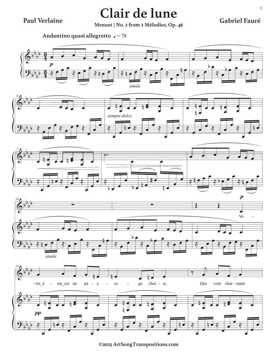 FAURÉ: Clair de lune, Op. 46 no. 2 (transposed to F minor) Piano, Vocal scores gallery preview page 2