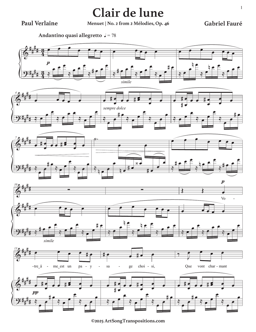 FAURÉ: Clair de lune, Op. 46 no. 2 (transposed to C-sharp minor) Piano, Vocal scores gallery preview page 2