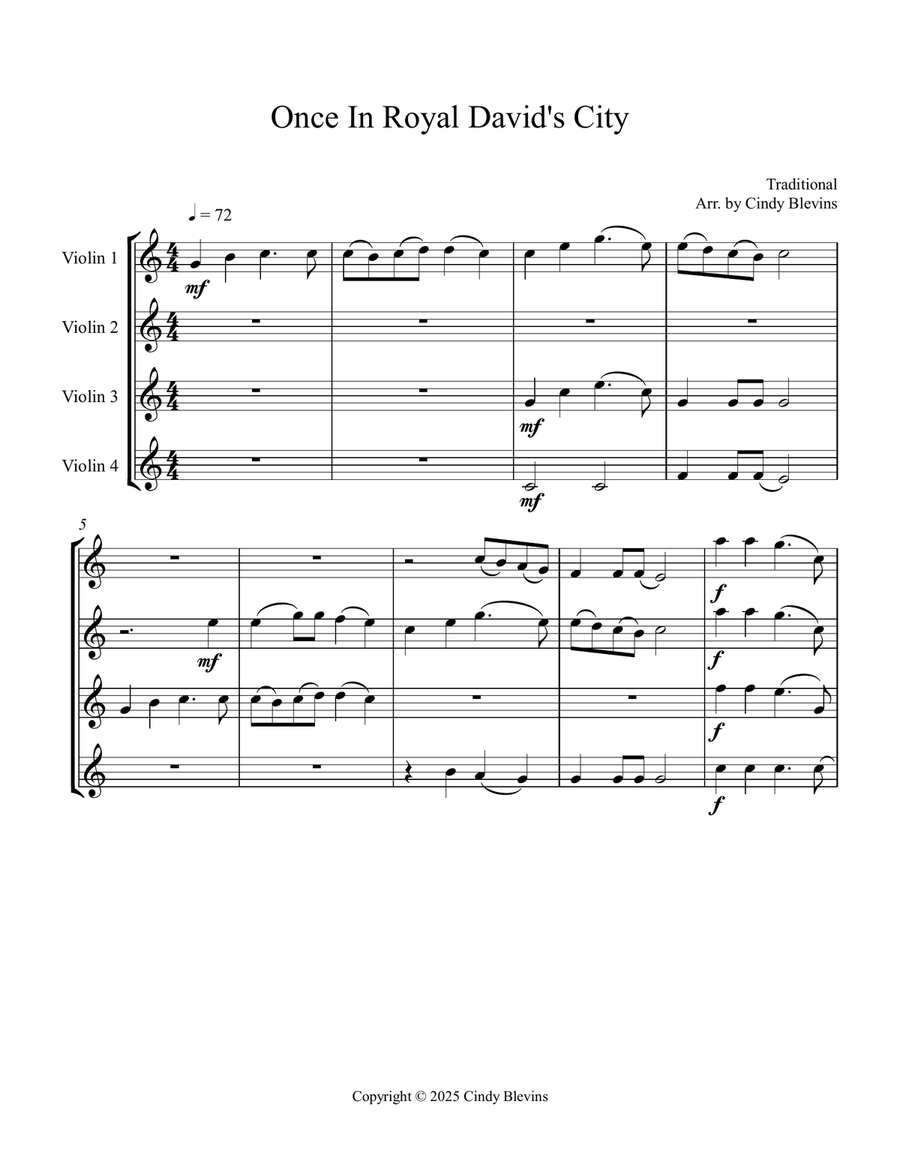 Once In Royal David's City, for Violin Quartet String Quartet scores gallery preview page 2