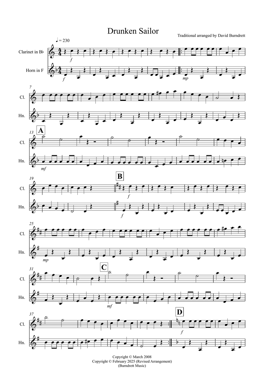Drunken Sailor for Clarinet and Horn Duet Woodwind Duet scores gallery preview page 1