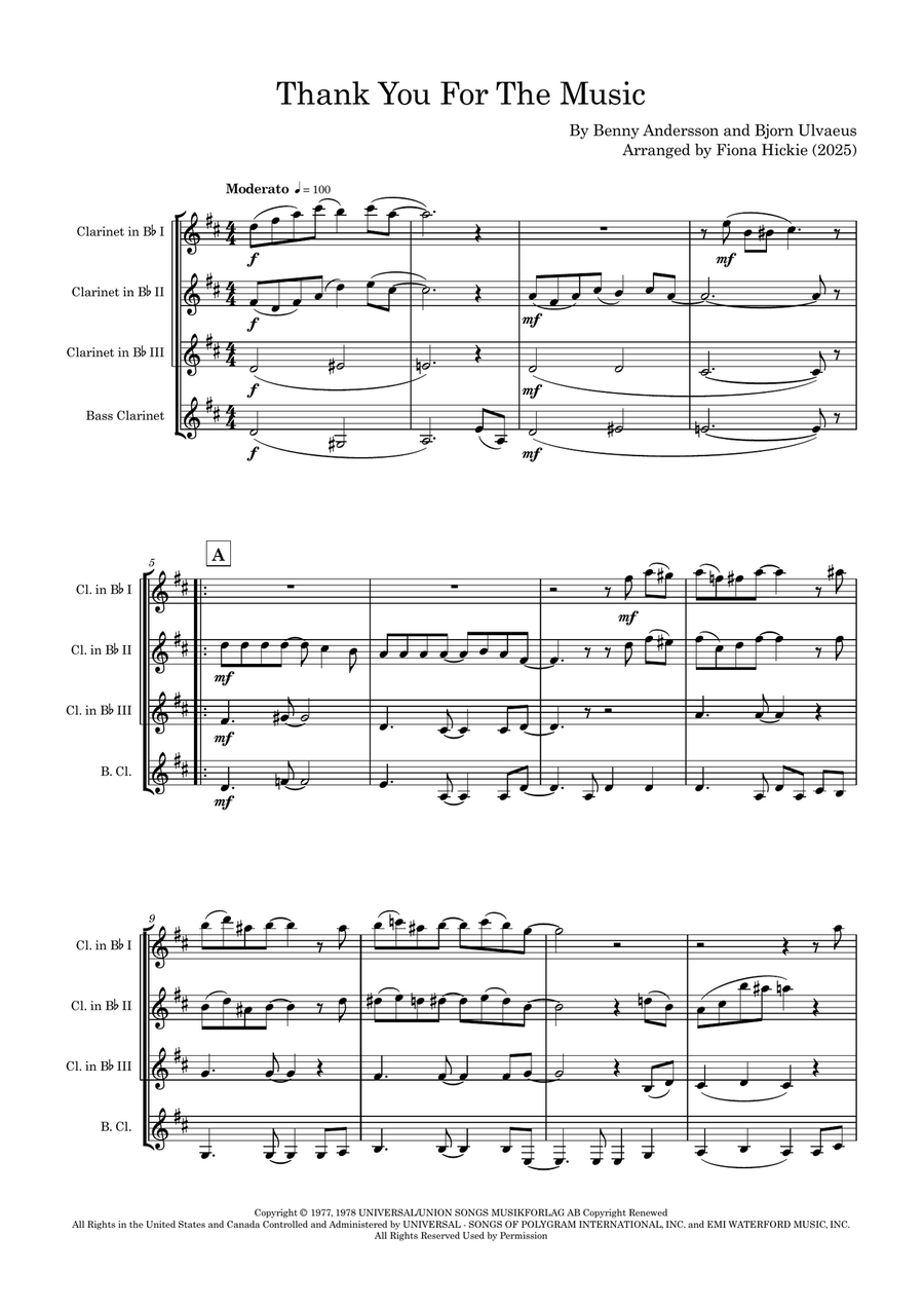Thank You For The Music Thank You For The Music Clarinet Quartet scores gallery preview page 2
