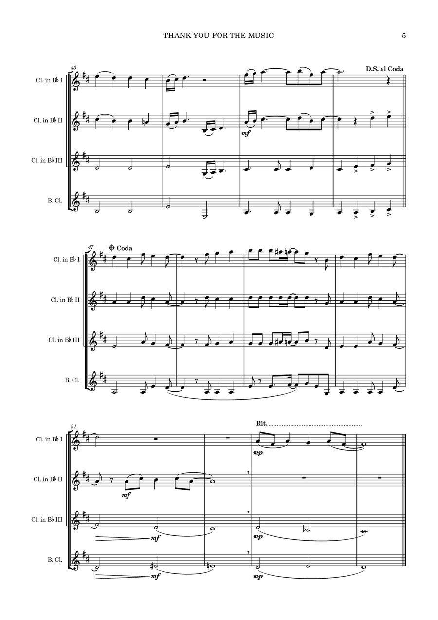 Thank You For The Music Thank You For The Music Clarinet Quartet scores gallery preview page 5