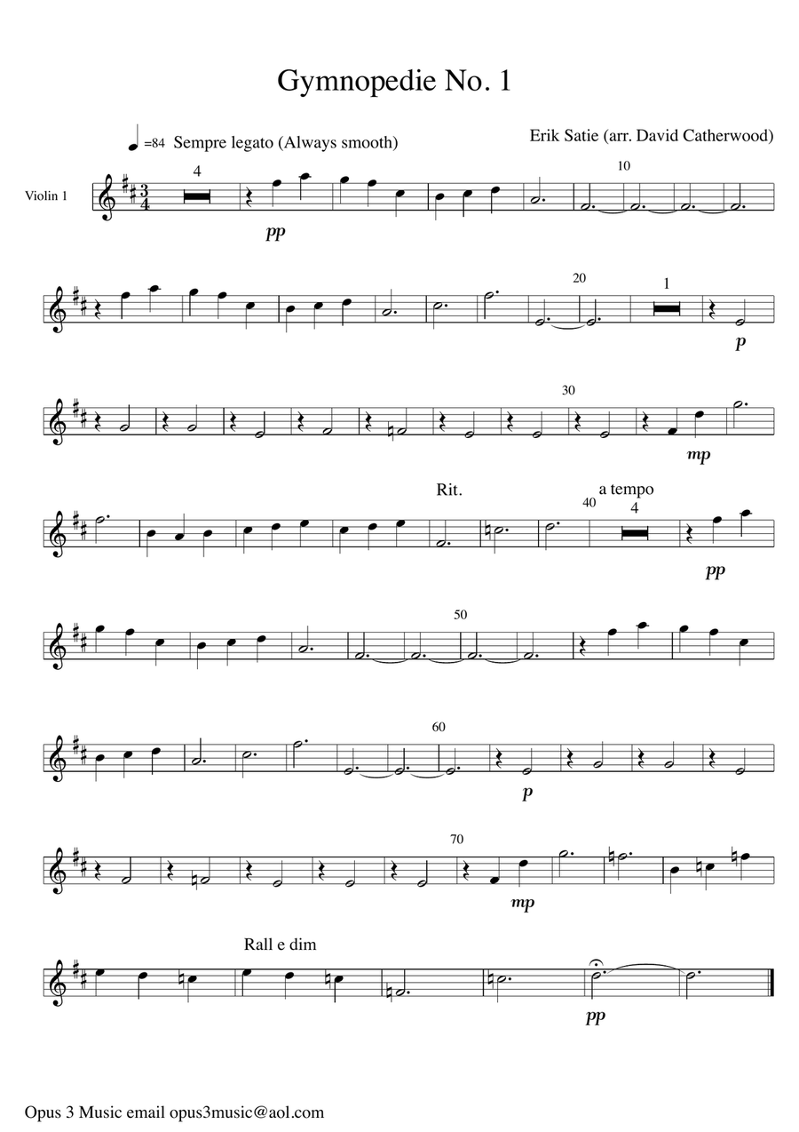 Gymnopedie No. 1 by Erik Satie arranged for String Quartet (or String Orchestra) by David Catherwood String Quartet scores gallery preview page 1