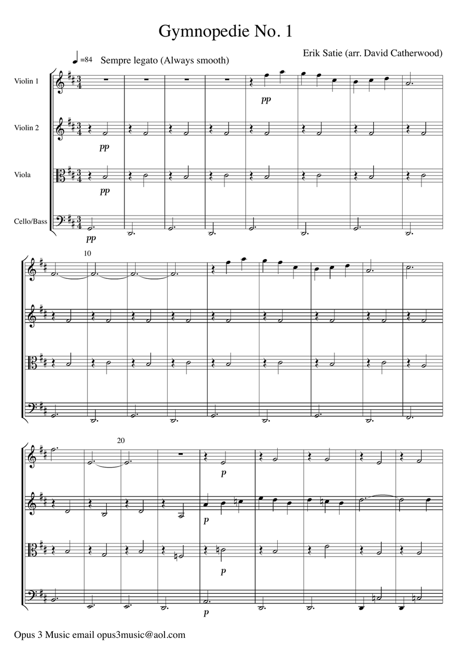Gymnopedie No. 1 by Erik Satie arranged for String Quartet (or String Orchestra) by David Catherwood String Quartet scores gallery preview page 2