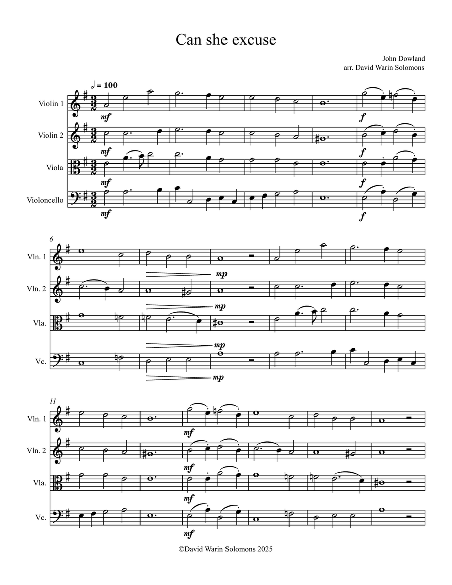 Can she excuse my wrongs (John Dowland) arranged for string quartet String Quartet scores gallery preview page 1